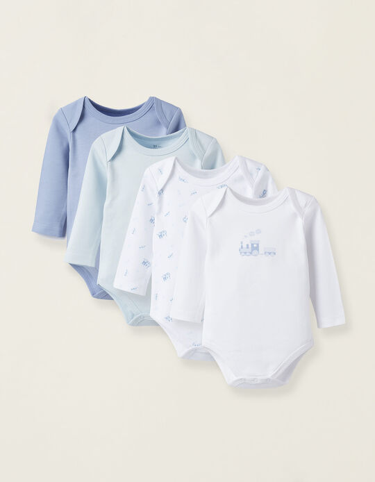 Pack of 4 Bodysuits for Baby and Newborns 'Trains', Blue/White