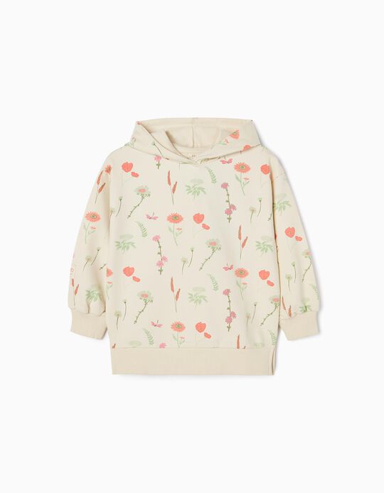 Hooded Sweatshirt with floral Motif for Girls, Beige
