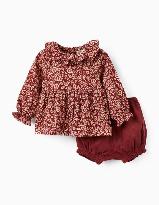 Set of Blouse and Corduroy Shorts for Baby Girls, Dark Red