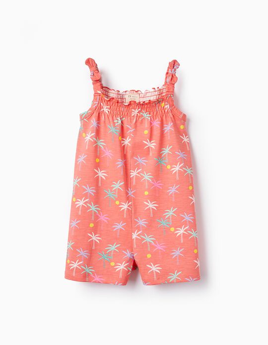 Short Cotton Jumpsuit for Baby Girls 'Palm Trees', Coral