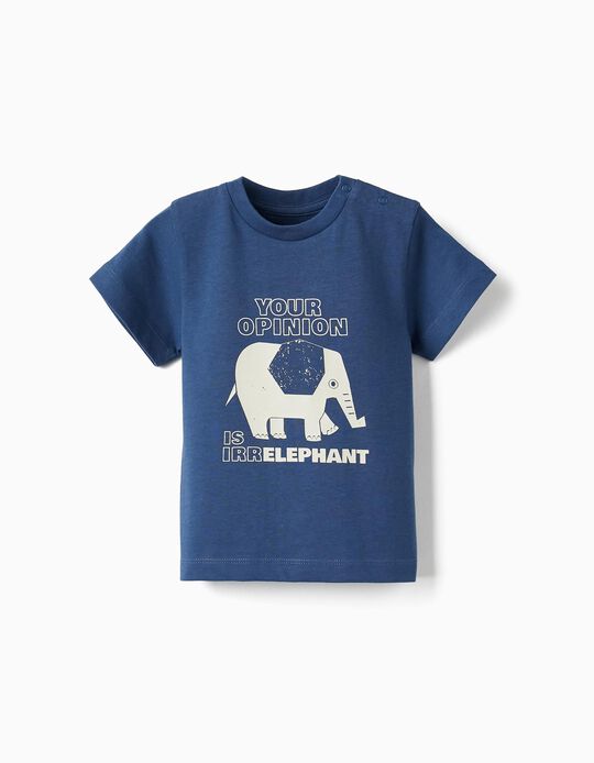 Short Sleeve Cotton T-Shirt for Baby Boys 'Irrelephant', Dark Blue