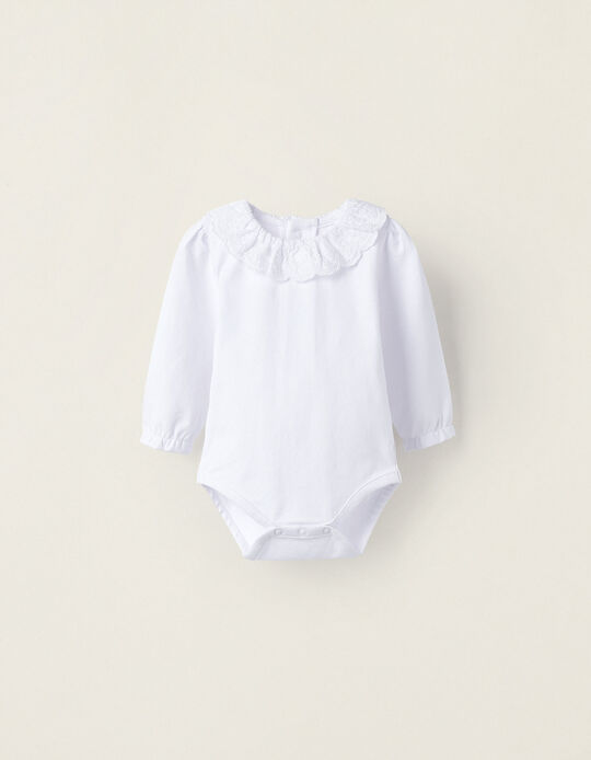 Cotton Bodysuit with English Embroidery for Newborn Girls, White