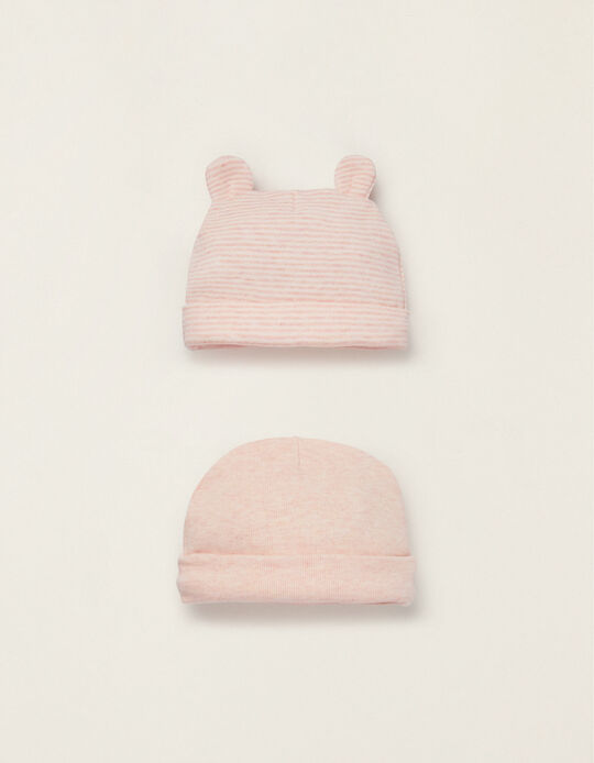 2-Pack Cotton Beanies for Newborn Baby Girls, Pink/White