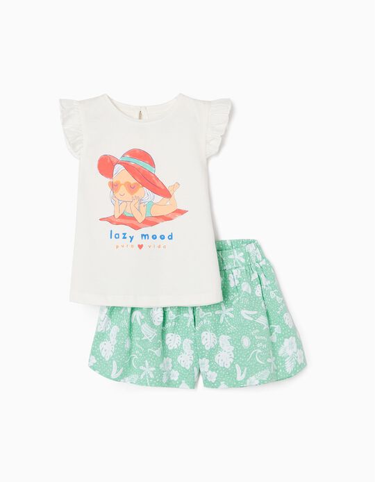 Conjunto Camiseta + Short para Bebé Niña 'Pura Vida', Blanco/Verde