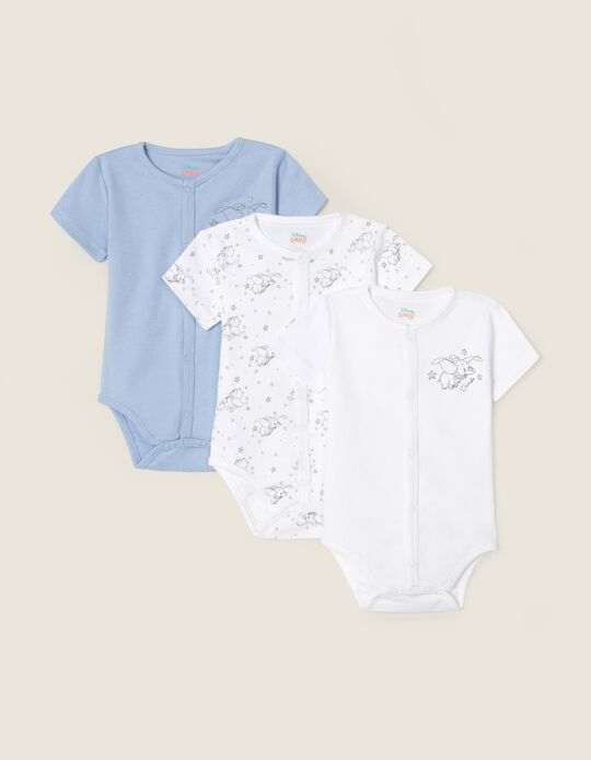 3 Short Sleeve Bodysuits for Newborn Baby Boys 'Dumbo', White/Blue