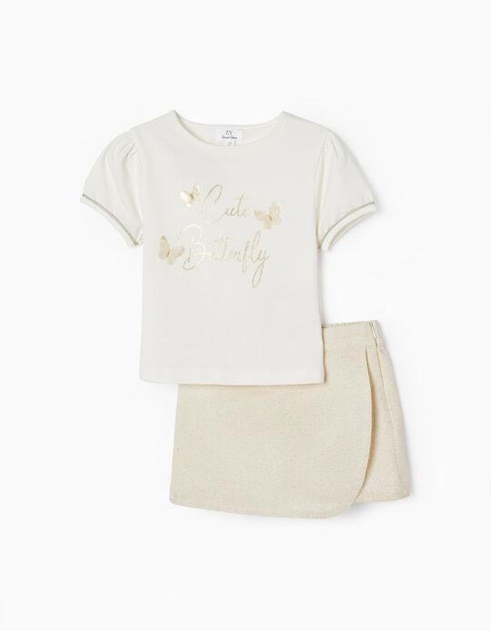 Camiseta + Falda-Pantalón para Niña 'Cute Butterfly', Blanco/Dorado