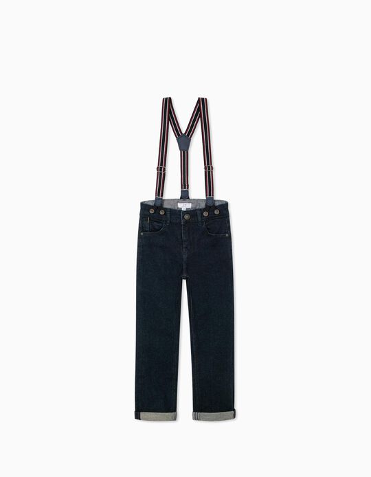 Jeans with Braces for Boys, Dark Blue
