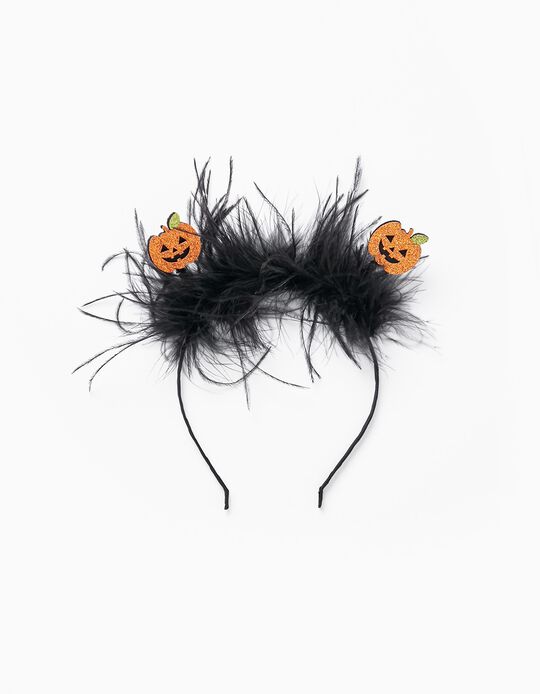 Headband with Feathers and Glitter for Baby and Girl 'Halloween - Pumpkins', Black