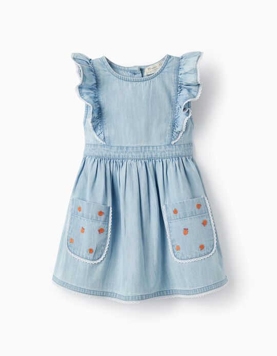 Light Denim Dress with Ruffles and Lace for Baby Girls, Light Blue