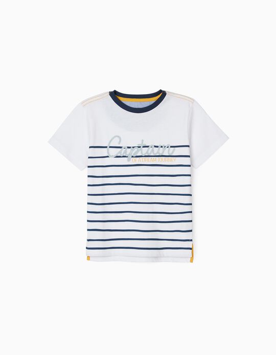 Striped T-Shirt for Boys 'Captain', White/Dark Blue