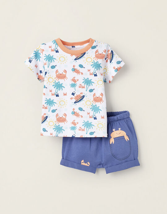 T-Shirt + Calções para Recém-Nascido 'Caranguejo', Branco/Laranja/Azul
