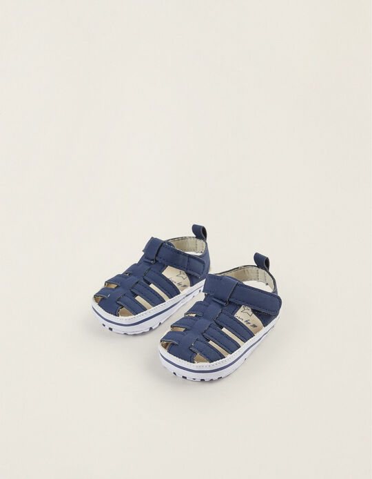 Sandálias de Tiras em Pele para Recém-Nascido, Azul Escuro