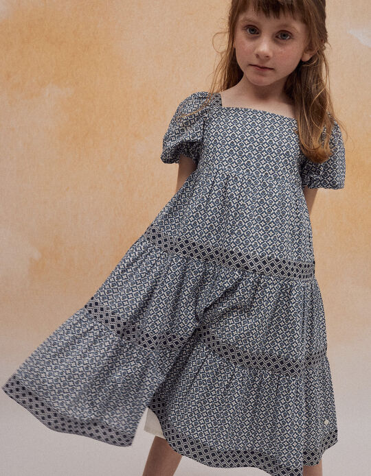 Dress with Pattern for Girls, Blue/White