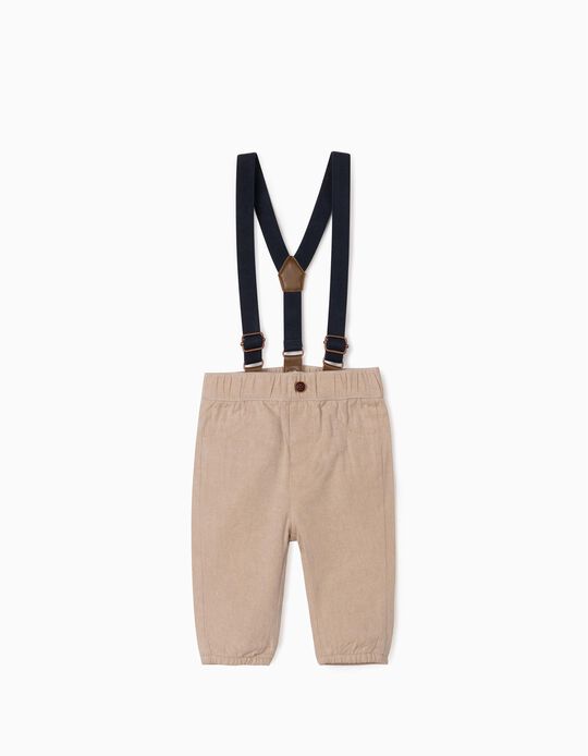 Trousers with Braces for Newborn Baby Boys, Marl Beige