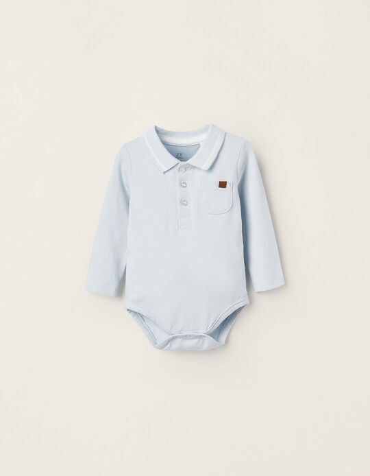 Cotton Polo Bodysuit for Newborn Boys, Light Blue