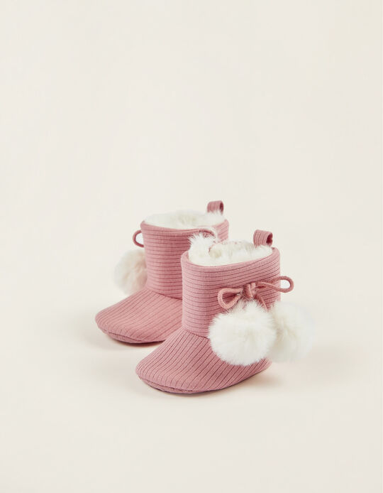 Fabric Boots with Fur and Pom-poms for Newborn Baby Girls, Pink