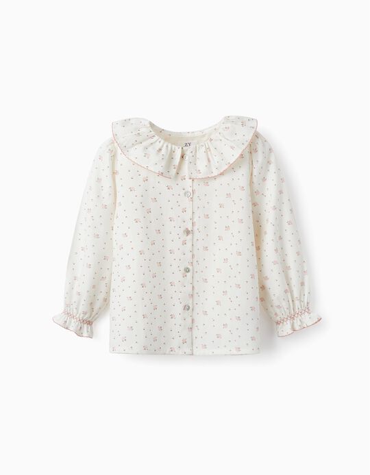 Cotton Twill Blouse for Girls 'Roses', White