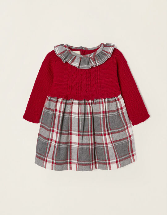 Plaid Dual Fabric Dress for Newborn Baby Girls 'B&S', Red/Grey