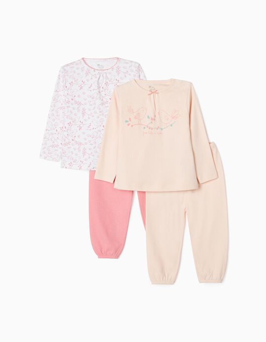 Pijama 4 Peças para Bebé Menina ‘Birds’, Rosa/Coral