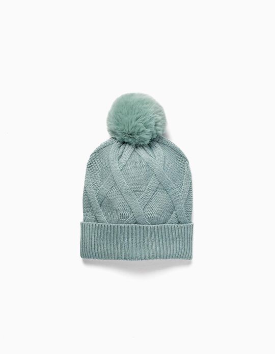 Knitted Beanie with Pompom for Girls, Aqua Green