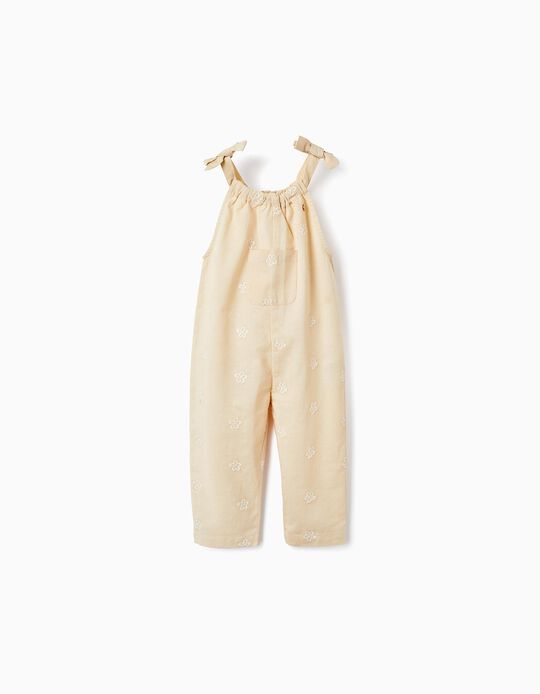 Jumpsuit in Cotton and Linen with Embroidered Flowers for Baby Girls, Beige