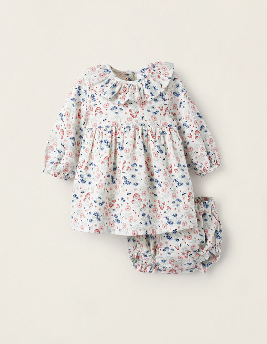 Dress + Bloomers with Floral Pattern in Cotton for Newborn Girls, White