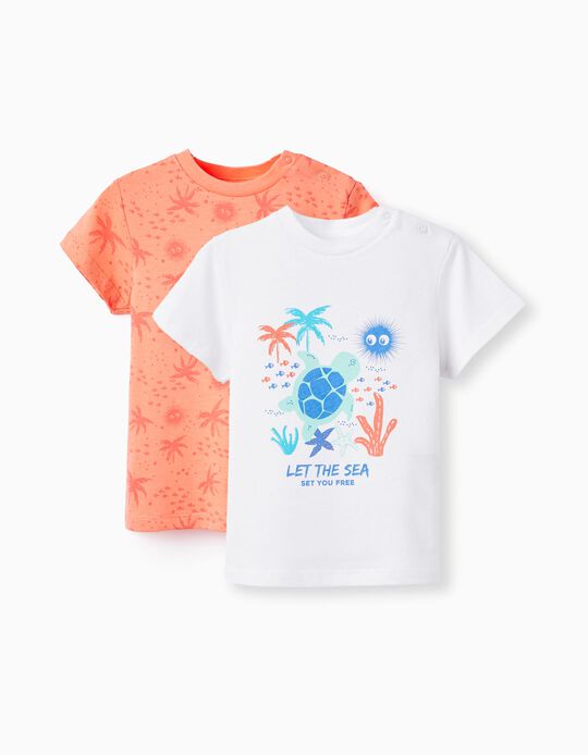 2 Cotton T-shirts for Baby Boys 'Sea Animals', White/Coral