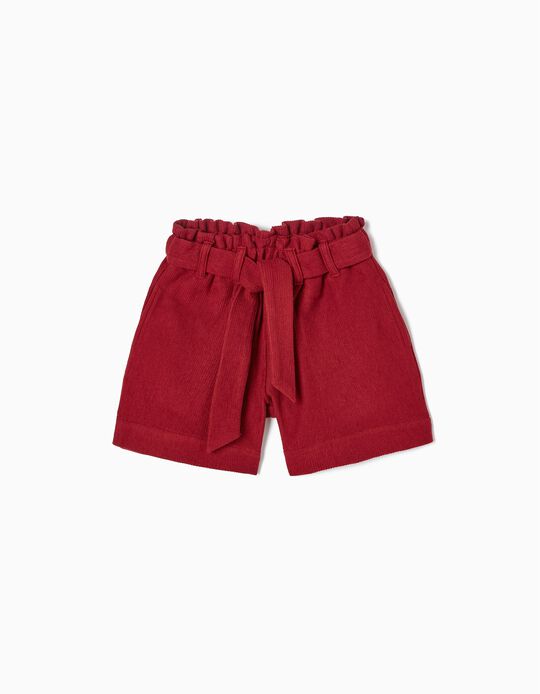 Cotton Paperbag Shorts with Bow for Girls, Dark Red