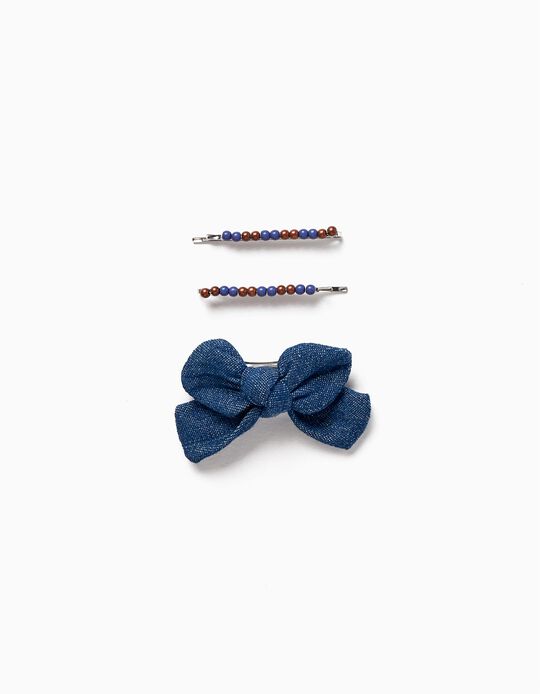 Pack 3 Pinces à Cheveux en Denim et Perles pour Fille, Bleu