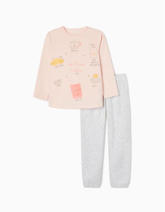 Pyjama en Velours de Coton Fille 'Rituel du Coucher', Rose/Gris