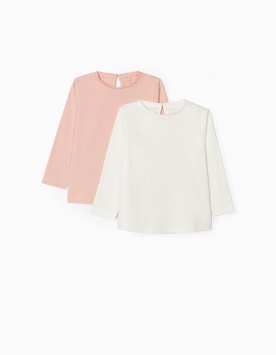 2 T-Shirts Manches Longues Bébé Fille, Blanc/Rose