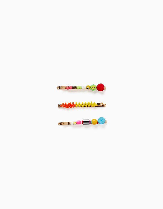 Pack 3 Hair Clips with Beads for Baby and Girls, Multicoloured