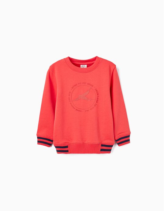 Cotton Sweatshirt with Embossed Print for Boys, Light Red