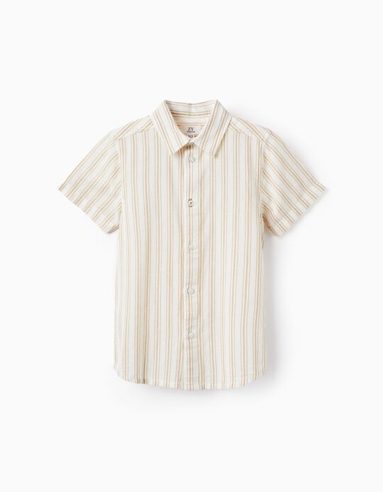 Short Sleeve Striped Cotton Shirt for Boys, White/Beige