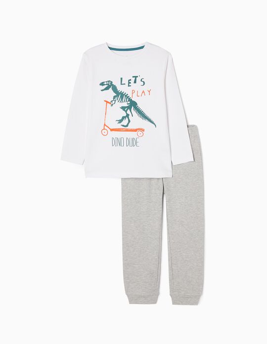 Pijama de Algodón para Niño 'Dinosaurio', Blanco/Gris