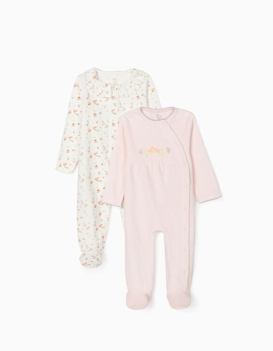 2 Sleepsuits Velour for Baby Girls 'Flowers', Pink/White