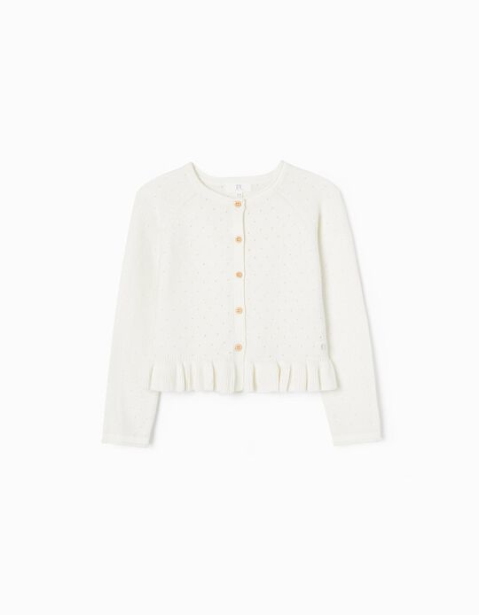 Openwork Knit Cardigan with Ruffles for Girls, White