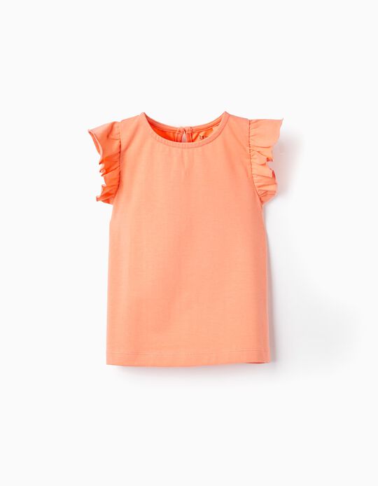 Cotton T-shirt with Ruffles for Baby Girls, Coral
