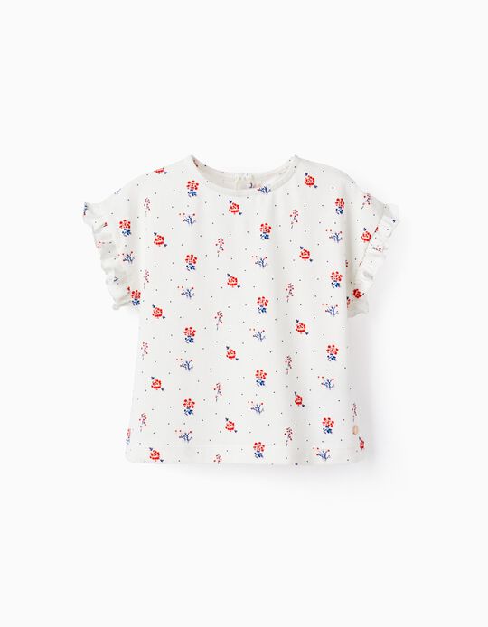T-shirt Floral de Algodão para Bebé Menina, Branco
