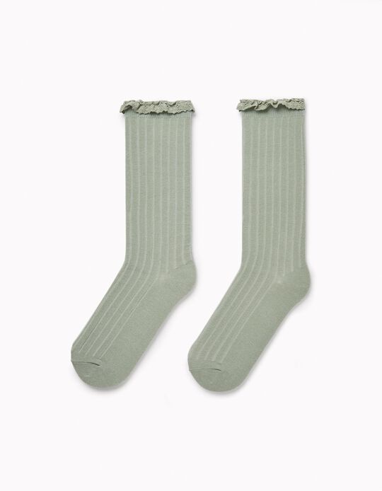 Ribbed Knee-High Socks with Lace for Girls, Green
