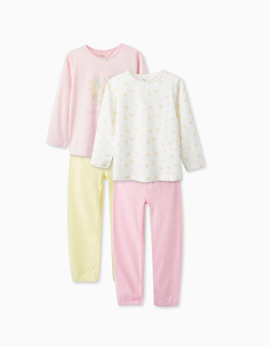 Pack of 2 Long Sleeve Pyjamas for Girls, White/Pink/Yellow