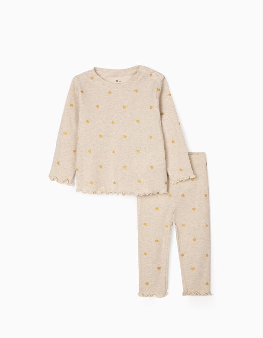 Rib Knit Pyjamas for Baby Girls 'Hearts', Marl Beige