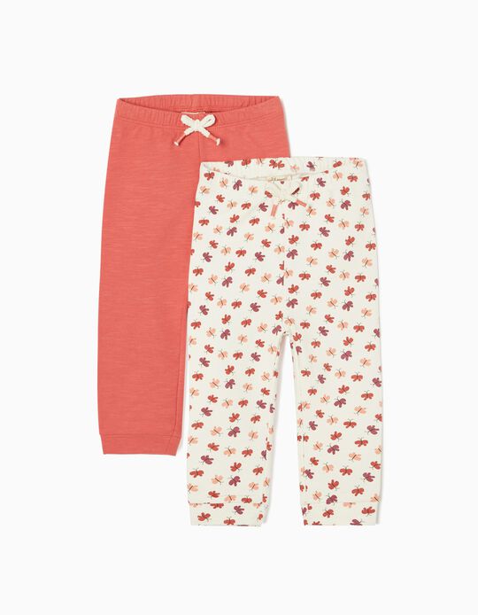 2-Pack Leggings for Baby Girls 'Butterflies', White/Coral