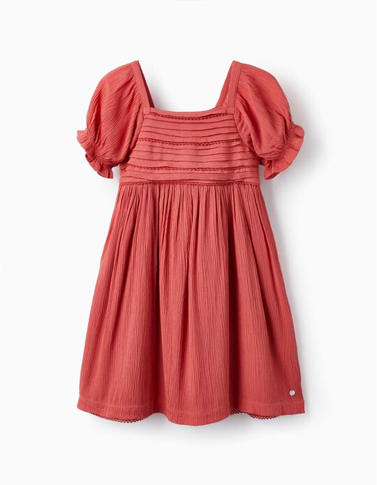 Pleated Dress with Lace for Girls, Dark Pink
