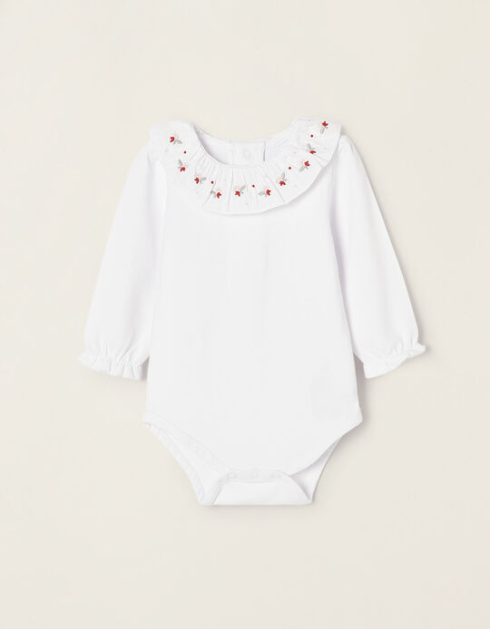 Cotton Bodysuit with Flower Embroidery for Newborn Baby Girls, White