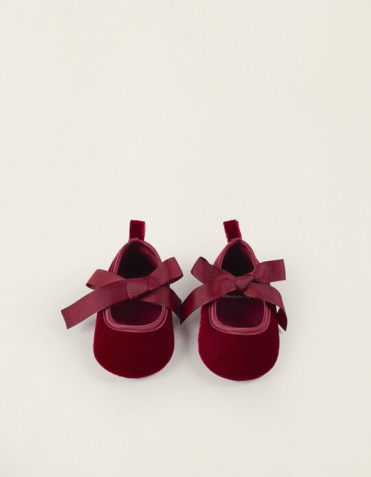 Velvet Mary Jane Shoes for Newborns, Burgundy