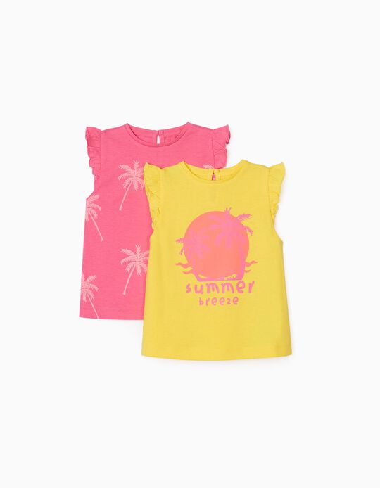 2 Sleeveless T-Shirts for Baby Girls 'Summer Breeze', Yellow/Pink