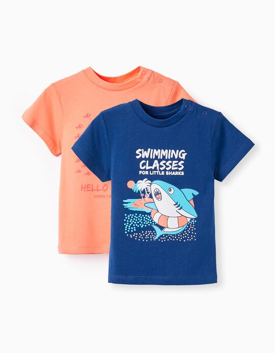 2 Cotton T-shirts for Baby Boys 'Shark', Coral/Blue