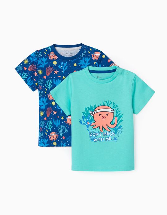 2 Camisetas para Bebé Niño 'Octopus', Azul/Verde Agua 