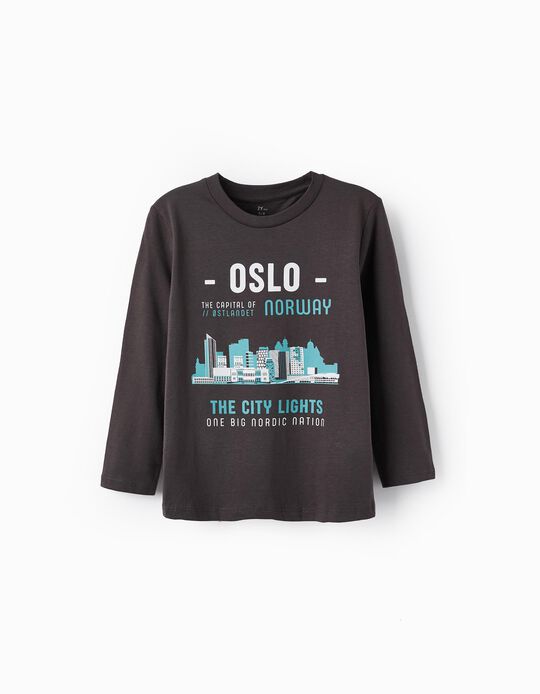 T-Shirt Manga Comprida em Algodão para Menino 'Oslo - Norway', Cinza
